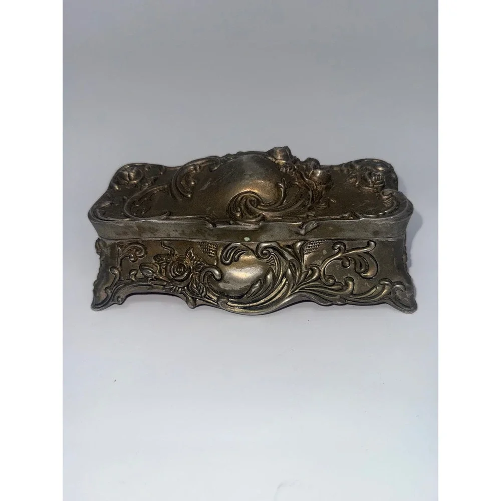 Vintage Art Nouveau Silver Tone Rose Floral Metal Trinket Jewelry Box Red Velvet